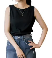 [エンプティオ] ボートネック タンクトップ きれいめ ノースリーブ カットソー フェミニン レディース シンプル トップス 可愛い 大人 ナチュラル オシャレ ベーシック キャミソール ブラウス エレガント カジュアル チュニック  [オフブラック] [M]