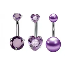 298：へそピアス 3個セット 14G 紫 パープル ジルコン フェイクパール ボディピアス ボディピ 金属アレルギー対応素材 ステンレス バナナバーベル カーブバーベル 上品 イヤーロブ