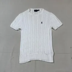 M) ポロ ラルフローレン ピマコットン ケーブル 半袖 ニット 白