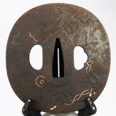 刀装具　日本刀　骨董品　武具　金　象嵌　鍔　銘有 名工 直行 鍔 【 鉄地 槌目仕上 刀匠鍔 】 日本刀 刀装具 鐔 骨董 古美術