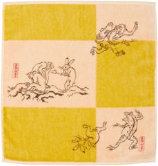 【新品到貨】B芥末色 提花印花毛巾 鳥獸人物戲畫 約25×25cm 國寶 京小物 和風雜貨