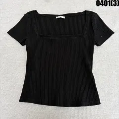 L ザラ ブラック スクエアネック 半袖 Tシャツ 0401(3)