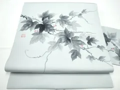 平和屋着物●塩瀬　九寸名古屋帯　作家物　手描き　葡萄蔦の葉文　正絹　逸品　CABE4488hy