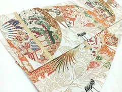 平和屋着物◎アンティーク　大正ロマン　全通柄　丸帯　扇面風景文　金糸　正絹　逸品　CABE5684nb