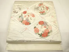 平和屋着物▼太鼓柄袋帯　駒刺繍　総刺繍　雲取り菱花丸文　銀糸　正絹　逸品　CABE1364ak