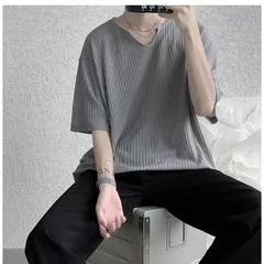 ニット メンズ Tシャツ 長袖 半袖 トップス サマーニット 秋ニット キーネック ゆったり ルーズ ビッグシルエット 薄手 無地