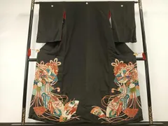 平和屋着物●アンティーク　大正ロマン　黒留袖　地紙御所車花鳥文　金彩　正絹　逸品　AABG4817fy