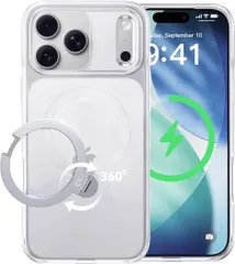 【透き通る上質感・定点360°回転】CASEKOO iPhone 17 Pro Max 用 ケース クリア 米軍MIL規格 フィット感 MagSafe対応 最大25W急速充電対応 横縦両立 角度自在 超 耐衝撃 高耐久性 ラップホール付き 透明 黄変防止