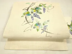 平和屋着物＊夏物　九寸名古屋帯　手描き　葡萄蔦の葉文　銀通し地　DABC8988cm