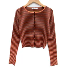 マウジー MOUSSY ニットカーディガン ミドル丈 ラウンドネック リブ ボーダー柄 F オレンジ 茶 ブラウン /SM34