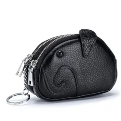 【新品】 小銭入れ コインケース 本革 可愛いゾウ 男女兼用 スマートキーケース 2個収納 ポーチ 小さめ 小物入れ ミニ 財布 コンパクト キーリング付き (ブラック)