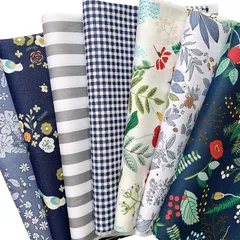 【新品】 7枚 花柄 棉 カットクロス チェック ストライプ プリント生地 パッチワーク布 セット 46×56cm （ブルー） 0