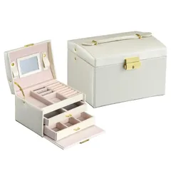 【新品】 Aissiora アクセサリーケース 鏡付き 鍵付き 3層 ジュエリーボックス 収納ケース 宝石箱 2段引き出し アクセサリーボックス PUレザー 取り外し可能 指輪 ネックレス イヤリング ブレスレットなど 小物入れ 記念日/プレゼント用 (ホ 0