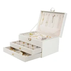 【新品】 アクセサリーケース 3層アクセサリー収納 大容量 ジュエリーボックス レディース おしゃれ 引き出し ロック付き PUレザー リング/ネックレス/イヤリング/ピアス/ブレスレット 取り外し可能な仕切り付き ホワイト 0