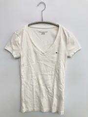 TOMMY HILFIGER トミーヒルフィガー Tシャツ/カットソー XS ホワイト 無地 ワンポイント ミドル丈 半袖 Vネック
