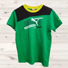 A1492 プーマ PUMA キッズ服 Tシャツ 半袖 カットソー(160) 緑 プリントロゴ文字 綿 Uネック ノーカラー