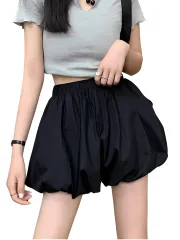[ブブ オーハナ] バルーン ショート パンツ ふんわり シルエット 裏地 付き ウスト ゴム ボリューム 感 スカート スカパン 風 無地 レディース 女性 用 春 夏 秋 冬 オールシーズン ブラック (JP, アルファベット, X [ブラック] [XL]