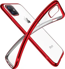 【在庫セール】ストラップホール 黄変防止 耐衝撃 スマホケース 6.1インチ 一体型 薄型 スリム メッキ加工 人気 シリコン tpu 透明 携帯カバー クリア 11 ケース レッド iPhone 用の
