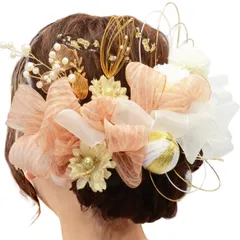 花火大会 お正月 謝恩会 パーティー ゴールド花 水引 浴衣 七五三 結婚式 着物 和装 成人式 チュールリボン卒業式 髪飾り 和風