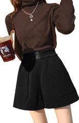 レディース ショートパンツ コーデュロイ ハイウエスト Aライン カジュアル ウエストゴム キュロット ボトムス ホットパンツ 韓国 2カラー ホットパンツ ショーパン 短パン ミニ ショート 丈 ゆったり ボトム ぱんつ 春 秋 冬 ブ [ブラック] [M]