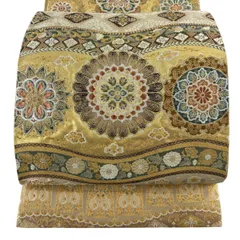【美品】 袋帯 秀品 華文 向かい鳥 金糸 箔 金色 六通 正絹 【中古】