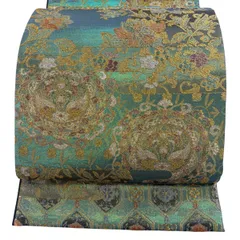 【美品】 袋帯 秀品 向かい鳥 花唐草 金銀糸 箔 青緑 六通 正絹 【中古】