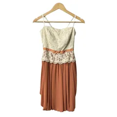 エメ ドレス サイズ9号 レディース美品  - オレンジ×アイボリー バックリボン/キャミソール/ひざ丈/パッド付/レース/バルーンスカート