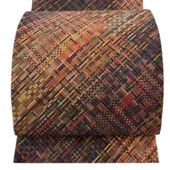 【美品】 袋帯 秀品 斜め格子 赤茶 六通 正絹 【中古】