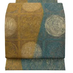 【美品】 袋帯 秀品 草花 流水 刺繍 金彩 山吹茶色 お太鼓柄 正絹 【中古】