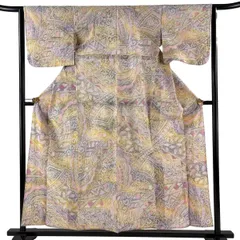 【美品】 浴衣 身丈157cm 裄丈63.5cm S 絞り浴衣 幾何学模様 からし色 綿 名品 【中古】