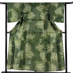 【美品】 浴衣 身丈155cm 裄丈64cm M 絞り浴衣 花籠 組紐 深緑 綿 名品 【中古】
