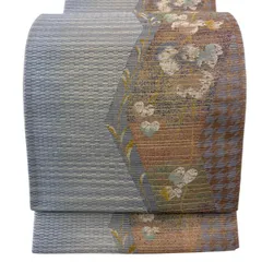袋帯 名品 葉柄 千鳥格子 箔 灰紫 六通 正絹 【中古】