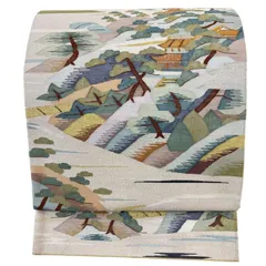 袋帯 名品 風景 建物 金銀糸 綴れ織 薄茶色 お太鼓柄 正絹 【中古】