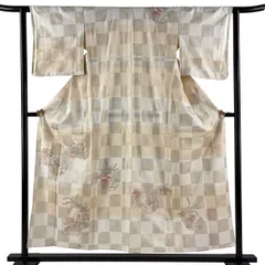 付下げ 身丈153cm 裄丈63cm S 単衣 鳳凰 草花 金銀彩 ベージュ 正絹 秀品 【中古】