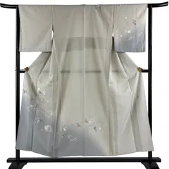 【美品】 付下げ 身丈153.5cm 裄丈64cm M 薄物 落款 草花 ぼかし 灰緑 正絹 秀品 【中古】