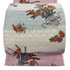 【美品】 袋帯 秀品 関西仕立て 花熨斗文 蝶 唐織 金糸 クリーム 六通 正絹 【中古】
