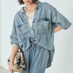 esica 同型 カラーデニムケミカル加工ノーカラーブルゾン+コクーン