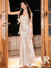 ベージュ AR26821【ANGEL R/エンジェルアール】ベアトップ/ チョーカー/ フロントスパンコール/ フリル/ マーメイドライン/ ストレッチ/ ロングドレス/ キャバドレス/ DEAbyROBEdeFLEURS Glossy/ ローブドフルール