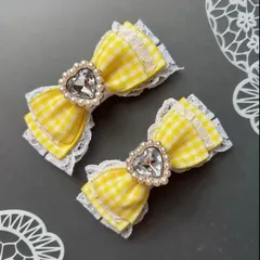 ハート♡ギンガムレースリボン　黄色　イエロー　ヘアクリップ  量産型　地雷　ゴスロリ　天使界隈　サブカル　コンカフェ