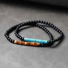 天然石ブレスレット 細め 4mm マットブラック×ターコイズ／タイガーアイ メンズ レディース ペア可 金運 お守り 重ね付け フリーサイズ ゴム 数珠 アクセサリー 日本 ミサンガ アンクレット シンプル カップル 願掛け 重ね付け カッコイイ