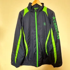 ゆったりサイズ◎(^w^)b CONVERSE コンバース ウィンドブレーカー ネイビー グリーン 切替 紺 緑 ビッグロゴ  ナイロンジャケット ジップアップ アウター スポーツ 古着 メンズ サイズLL OM11505YS