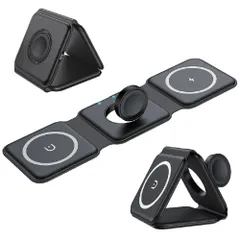 hotimp® 3in1 三つ折りコンパクト 折り畳み ケーブル1本 ワイヤレス 急速 USB TypeC iPhone Apple Watch Air Pods 同時急速充電 置くだけ充電 充電スタンド iPhone16 iPhone15 iP [ブラック]のサムネイル