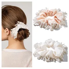 【人気商品】髪留め おしゃれ 立体感 プレゼント リボン レディース 大人 サテン 2個セット タッセルパール シュシュ ヘアゴム Lolalet