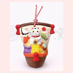 陶器製置物　福おいで　招福招き猫（宝船土鈴）　◎2個目～大幅値引き対象商品　※縁起物,招福,開運,個性的,伝統,シリーズ,可愛い,かわいい,レトロモダン,キャット,まねき猫,ネコ,商売繫盛,ファンシー,もりだくさん,盛り沢山