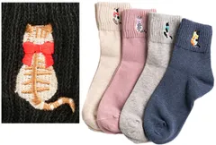 【在庫処分】デザイン 靴下 ５色セット レディース 22-24cm 猫 ねこ ネコ キャット くるぶし クルー ソックス ５足セット かわいい