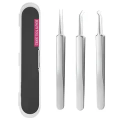 【数量限定】携帯便利 毛穴ケア専用3本ツール 収納ケース付 いちご鼻ケア 黒ずみ 毛抜きニキビ取り 精密ピンセット (3本セット) ピンセット 角栓取り 角栓ピンセット