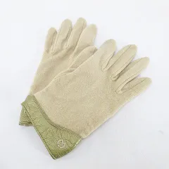 手袋 5本指 グローブ ベージュ系 ロゴ 刺繍 レザー調 切替