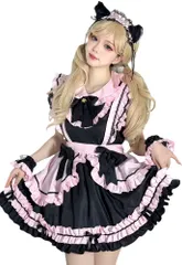 新品 [尚基製造] メイド 服 ゴスロリ ウェイトレス コスプレ 衣装 フリル ロリータ カチューシャ 付き コスチュームセット 清楚 可憐 萌え レディース ドレス 喫茶店 遊園地 半袖 ブラック ピンク (耳付きカチューシャ含め 5XL)