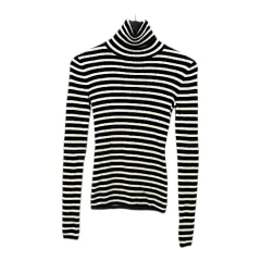 ユニクロ UNIQLO 長袖 タートルネック ニット セーター S 黒系 ブラック ボーダー柄 リブ ウール