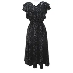 トッコ TOCCO closet 花柄 半袖 ワンピース ロング丈 M 黒系 ブラック Vネック フレアスリーブ 裏地